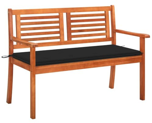 HETFTJN 2-Sitzer-Gartenbank 120 cm mit Auflage aus massivem Eukalyptusholz, Modernes Design, Ergonomische Lehne, Schwarzes Sitzkissen, 110 kg pro Platz, für Garten Balkon und Terrasse