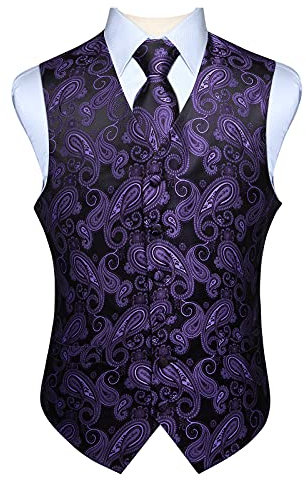 Hisdern Men's Paisley Floral Jacquard Waistcoat&Necktie and Pocket Square Vest Suit Set, Purple & Black, XL(Chest 48inch)