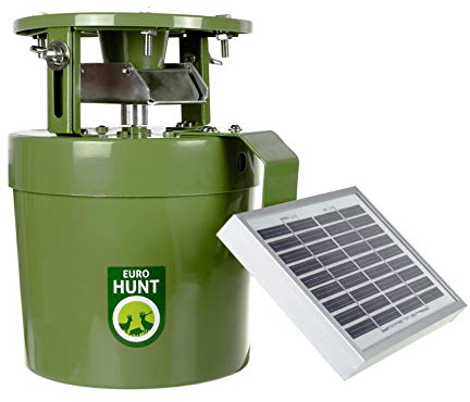 EUROHUNT Futterautomat Light 6V, Komplettset, Automat für Tierfütterung mit Solarpanel & 6V-Akku + Ladekabel, wetterfest, grün, ca. 22,5 x 20,5 x 18cm