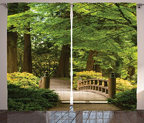 ABAKUHAUS Wald Rustikaler Gardine, Holzbrücke über den Teich, Schlafzimmer Kräuselband Vorhang mit Schlaufen und Haken, 280 x 175 cm, Lindgrün Kalb