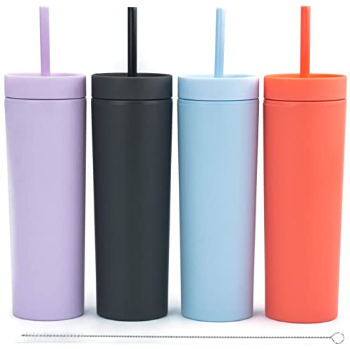 STRATA CUPS Mehrfarbige, schmale Trinkgläser mit Deckel und Strohhalmen, 473 ml, matt, pastellfarben, Acrylbecher mit Deckel und Strohhalmen, doppelwandige Becher, wiederverwendbar, 473 ml