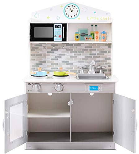COSTWAY Kids Play Kitchen Set with Microwave Oven, Hooks, Stove and Removable Sink, Educational Children Pretend Kitchen Toy for Nursery and Kindergarten
