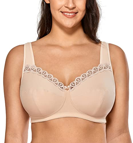 DELIMIRA Reggiseno Cotone Senza Ferretto in Pizzo Taglie Forti Morbido Senza Imbottitura Coppa Piena Beige 6C