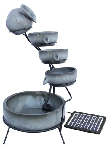 Fuente de Agua en Cascada de Jardín de 4 Niveles Energía Solar Decoración de Jardín Patio Terraza de Resina Impermeable Gris Bola Redonda Esfera Exterior Punta de Tierra para Panel Solar GRATIS