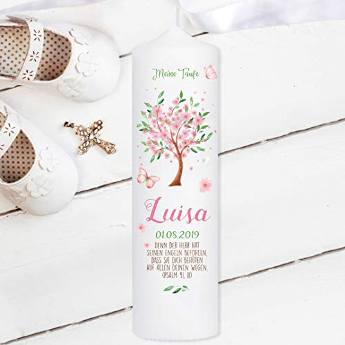 Wandtattoo Loft Taufkerze Mädchen oder Junge mit Taufspruch + 2 Patenkerzen, Motiv Baum mit Blüten, 25cm x 7cm, personalisierte Kerze, bedruckte Kerze Taufe, Stumpenkerze zur Taufe, Taufgeschenk