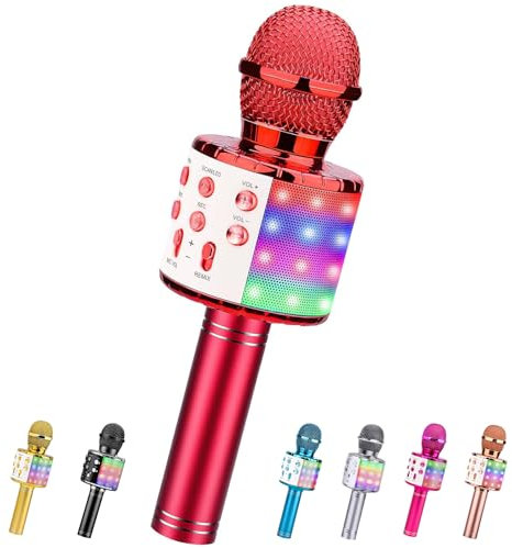 ShinePick Microfono Karaoke Bluetooth, Microfono bambini, Microfoni Wireless LED Flash Portatile Karaoke Player con Altoparlante per Android/iOS, PC e Smartphone(Rosso)