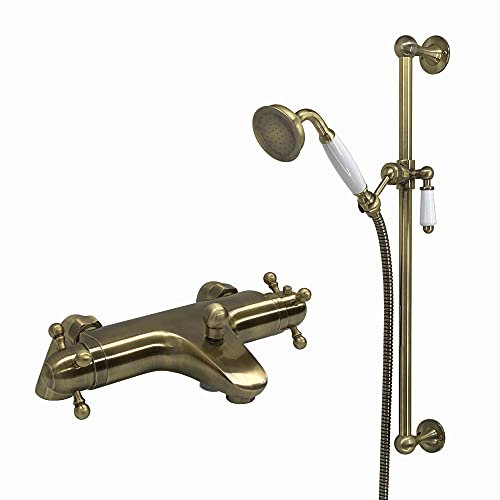 ENKI, Gallant, BBT0229, Antique Brass, Thermostatic Deck-Mount Bath Shower Mixer Valve with Shower Head, Hose & Rail, Solid Brass, Anti-Scald, Temperature Control, Traditional, 1-Year Guarantee
