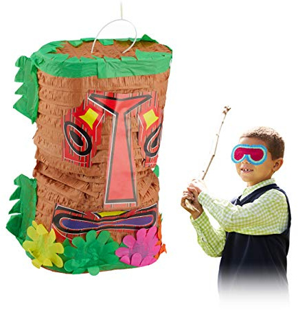 Relaxdays Pinata Tiki 2er Set, große Geburtstagspinata zum Befüllen, bunt | Schlagpinata Hawaii, Indianer Pinata zum Aufhängen