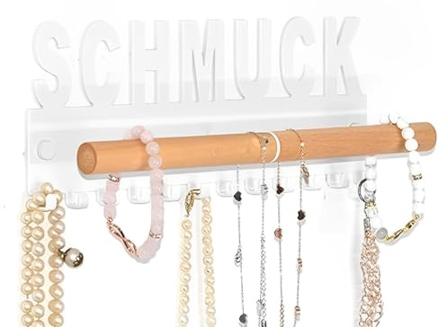 Schmuckhalter Wand Metall und Holz Design by GALEARA Schmuckleiste mit Schmuck oder Bijoux Schriftzug Schmuckaufbewahrung… (Schmuck Weiß)