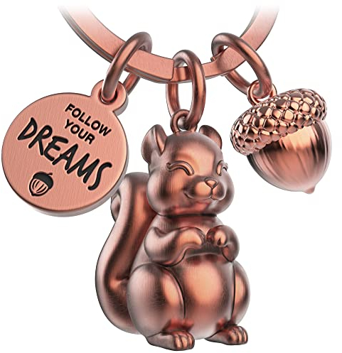 FABACH Eichhörnchen Schlüsselanhänger Skippy mit Gravur - Niedlicher Eichhörnchen Schlüsselanhänger - Eichhörnchen Glücksbringer als Motivation Geschenk für Freundin - Follow your Dreams