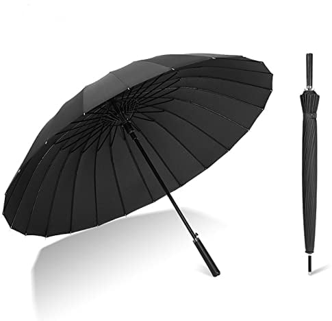 Meichoon Large Golf Umbrella Leather Handle 24Ribs Strong Windproof Glassfiber Bumbersoll Manual Sun Rain Stick Umbrellas Outdoor Business Women Men KS46 Black