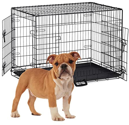 Relaxdays Hundekäfig, zuhause & Auto, HBT: 67 x 91 x 60 cm, Faltbare Hundebox mit Boden, 2 Türen, Griff, Stahl, schwarz