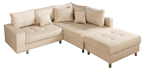 riess-ambiente.de Elegante Wohnlandschaft Kent 220cm Champagner beige Samt Ecksofa Federkern inkl. Hocker und Kissen