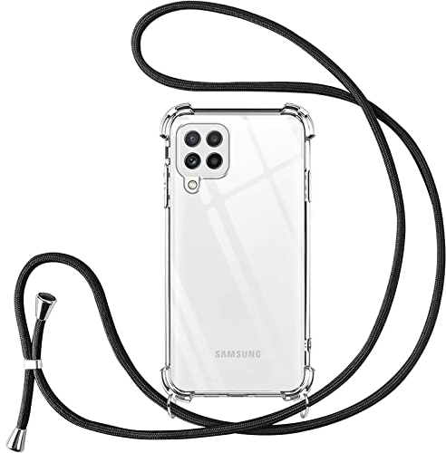 Vauki Coque pour Samsung Galaxy A22 4G avec Cordon de Collier,Silicone Transparent TPU+PC Bumper Protection Étui Lanyard avec Sangle Réglable Chaîne Case pour Samsung A22 4G