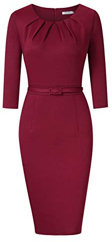 KOJOOIN Damen Etuikleid Business Bodycon Knielang Kleider Langarm Vintage Cocktailkleid mit Gürtel Bordeaux Weinrot L