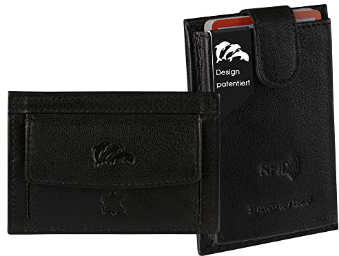 Dolphin® Kartenetui “Push&Pull” - Patentiertes Kreditkartenetui mit Münzfach - Premium Card Holder mit RFID Schutz - 100% Nappa Echtleder Slim Wallet für bis zu 10 Karten (Schwarz)