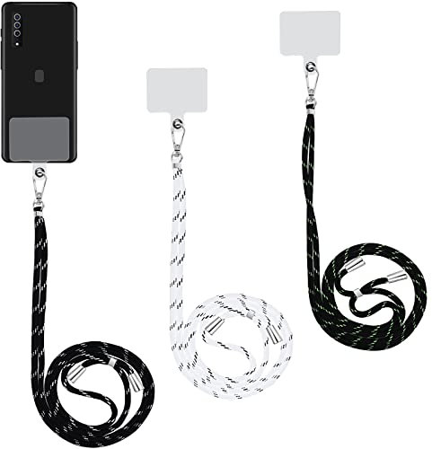 Cobee Handy Lanyards mit Telefon Pads, 3 Stück gemischt farbigen Nylon Hals Crossbody Telefon Riemen mit 3 Stück transparenten Tether Patches einstellbare Telefon Lanyard kompatibel (schwarz+weiß)