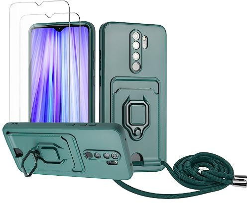 Zallagre Handykette Hülle kompatibel mit Redmi Note 8 Pro.[2 Stück] Schutzfolie Glas,Kameraschutz,360 Grad Ringhalter Stand,Kartenfach,Silikon hülle-Dunkelgrün