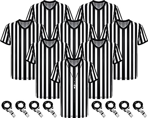 Ramede 8 Sets Referee Shirt with Whistle Official Football Referee Shirt Umpire Jersey Halloween Group Costume for Men Woman (L)