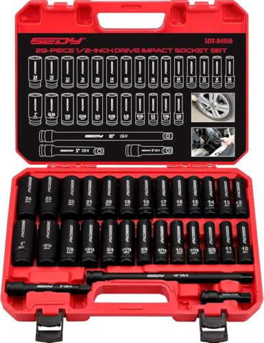 29-Piece 1/2 Drive Impact Socket Set, SAE (3/8 to 1 inch) and Metric (10-24mm) Sizes with Extension Bars Standard Deep Socket Set CR-V Material High Durability Impact Wrench