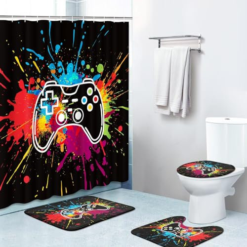 Bribay 4-teiliges Duschvorhang-Set, bunt, blau, rot, grün, orange, Spiel mit rutschfesten Teppichen, WC-Deckelbezug und Badematte, für Badezimmer-Dekor-Set, 183 x 183 cm