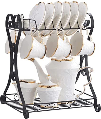 Porcelain Tea Set, Coffee Cup, Saucer, teapot, Sugar Bowl, Teaspoon and Metal Rack, Home Restaurant