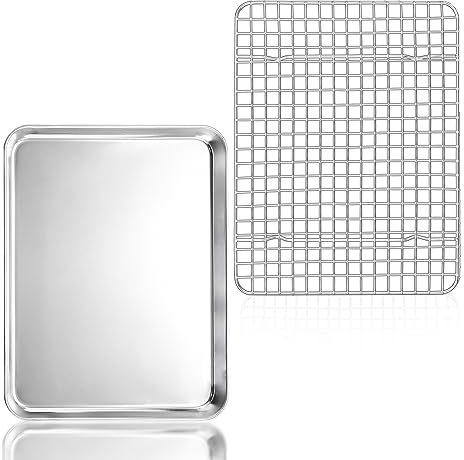 Herogo SHEET_PAN, 23,6 x 17,8 cm, bandeja para hornear de acero inoxidable con rejilla de refrigeración, duradera, apta para lavavajillas, versátil equipo de hornear y cocinar