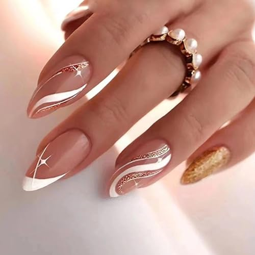 Almond French Tip Short False Nails, Pink Glitter Glossy Press on Nails Tips with Glue, 24PCS Reusable Stick on Nails for Women, Short Fake Nails Set for Girls