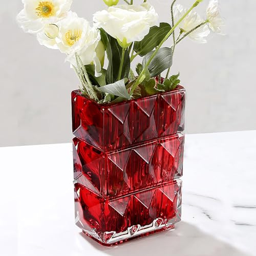 Vase en verre cristal - 20 cm - Vase à fleurs en verre transparent épais - Grand vase carré décoratif - Pour maison de ferme moderne - Décoration de maison (rouge)