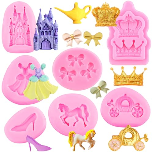 RFGHAC Aschenputtel Fondantform Märchen Schloss Kürbis Kutsche Prinzessin Kleid Kristall Schuhe Schleife Krone Silikon Schokolade Süßigkeiten Form für Zucker Kuchen Dekorieren Cupcake Gummipaste Ton 7