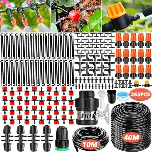 Purpledi 263 pcs Sistema de riego Jardín, 40M+10M Kit Riego con Ajustable Boquilla Aspersor Pulverizador y Gotero Automatico, Riego Por Goteo Huerto, Automático Rociadores por Goteo Riego de Jardín