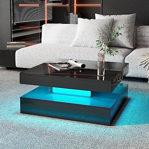 Hironpal Black Coffee Table Square High Gloss, Square Tables for Living Room with 16-Color LED Light 2-Tier Storage Modern Center Table Cocktail Tea Table for Home/Bar/Store(W78xD78XH35.5cm)