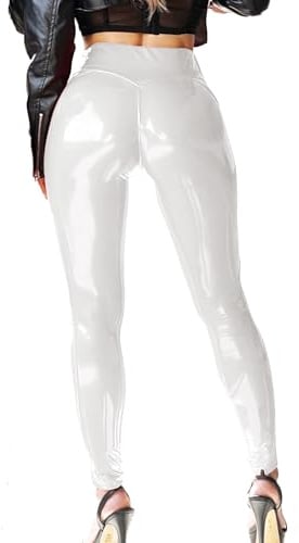 Mstaad Lack-Leggings aus Kunstleder für Damen, hohe Taille, Po, Lifting, Lack, Kunstleder, Latex, glänzende Hose, Konzert-Outfits, Weiss/opulenter Garten, M