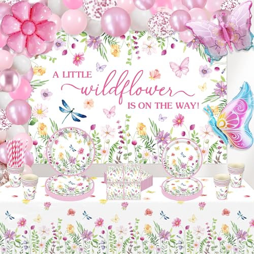 154 Paquete Primavera Flores Silvestres Decoraciones de Fiesta Floral Vajilla Platos Globos Telón de Fondo Set Wildflower Vajilla Favor de Fiesta para Cumpleaños Fiesta de té Para 20 personas