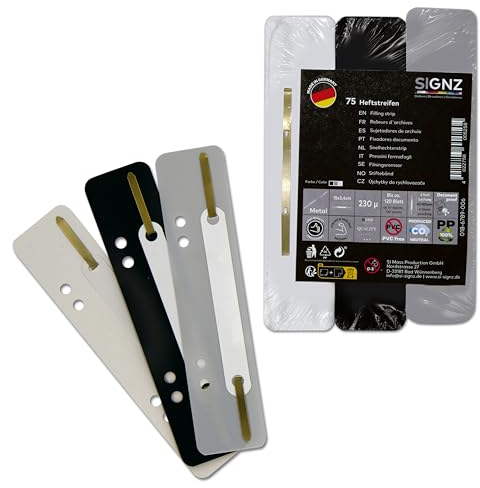SIGNZ Heftstreifen Kunststoff (PP), 75 Stück, 25 x 3 Farben, recycelbarer Kunststoff (PP), CO2-neutral hergestellt, made in Germany (75 Stück, schwarz, grau, weiß)
