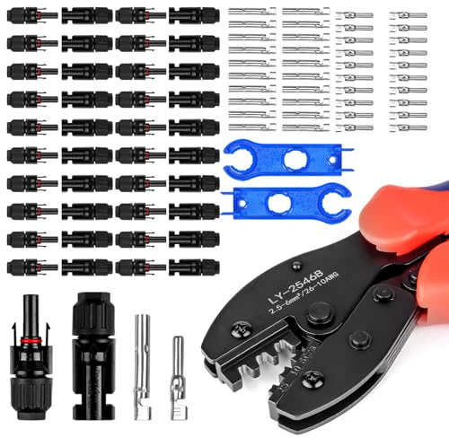 Upgrade 20 Paar Solarstecker Crimpzange Set für 2,5/4/6mm² Solarpanel P-V Kabel Männlich/Weiblich Photovoltaik Solarpanel Stecker Steckverbinder, PV Stecker mit Schraubenschlüssel-43pcs