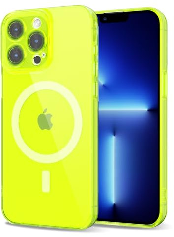 Svanove for iPhone 13 Pro Max Case Clear Compatible with Magsafe, Fluorescent Transparent Magnetic Magnet Mag Case, Slim Thin Bright Silicone Grip & Shockproof Bumper Camera Cover, Neon Green Lime