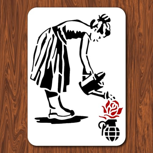 INFUNLY 29.7x21 cm/11.6 x 8.2 Zoll Banksy-Malschablone „Die Frau Gießt Die Blumen“, Wiederverwendbare Banksy-Straßen-Draffiti-Schablone, Banksy-Stil-Muster-Kunstschablone Zum Malen Auf Wandfliesen, Le
