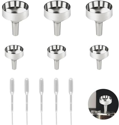6 Pcs Stainless Steel Funnels Set, Silver Small Metal Funnels with 5 2ml Plastic Droppers, Small Funnel for Mini Bottles, Wine, Cosmetics, Essential Oils, and Perfume(1.8cm+2.5cm)