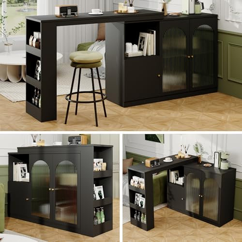 KUAKE Moderner ausziehbarer Bartisch,Ausziehbarer Esstisch mit Stauraum, Stehtisch Bistrotisch, Um 360° drehbar, für Esszimmer und Küchen (Schwarz, 120x40x97 cm)