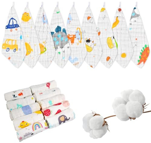 Funmo Lot de 10 gants de toilette pour bébé - En mousseline douce - Multi-usages - 25 x 25 cm - 100 % coton