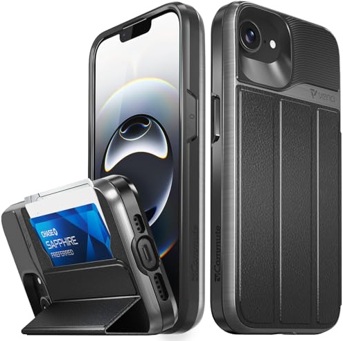 VENA vCommute Wallet Case Compatible with Apple iPhone 17e/16e (6.1), (Military Grade Drop Protection) Flip Leather Cover Card Slot Holder with Kickstand - Black