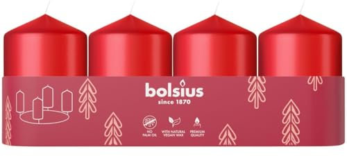 Bolsius - Adventszeit - Stumpenkerze - rot - 6cm - 4-Pack - Dekorative Kerze - Mit natürlichem Pflanzenwachs - Ohne Palmöl