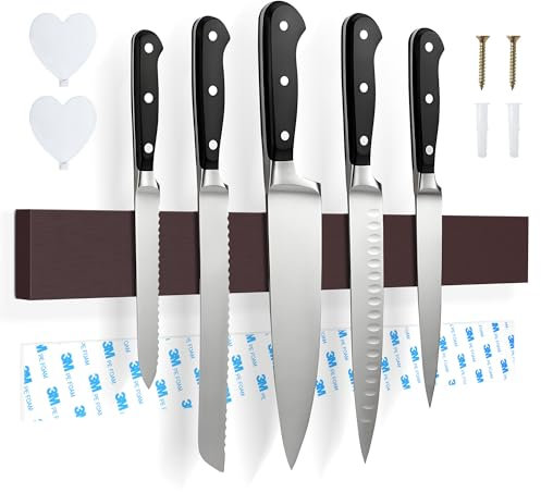 Messerblock Magnetisch 40 cm, Magnetleiste Messer aus Holz mit Supermagneten Und 2 Haken, Messerblock ohne Messer, Küchenutensilien & Werkzeug Organizer (Braun)