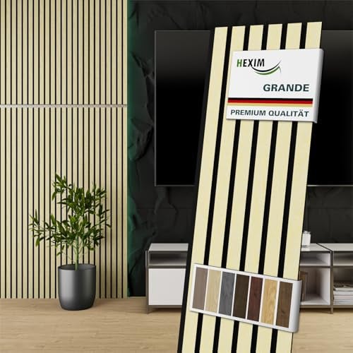 HEXIM Akustikpaneele 2 Stück 140x30cm Holz Grande - Wandpaneele Platten Lamellen Holzpaneele Echtholzfurnier 21mm Filz Schalldämmung MDF Elfenbein (0,84m² Light Ash)