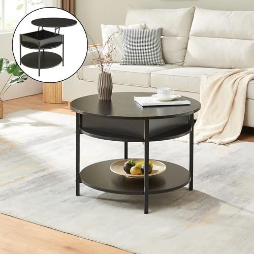 [en.casa] Couchtisch mit Hebeplatte rund Kandas Wohnzimmertisch mit Stauraum Ø70 x 49 cm Kleiner Tisch erhöhbar mit Metallgestell in Schwarz