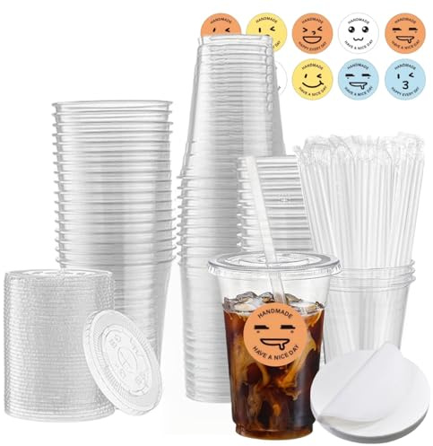 50pcs 16oz Reusable Clear Cups with Lids Smoothie Cups, Perfect for Iced Coffee, Tea, Smoothie, Milkshakes etc, Fits Most car Holders