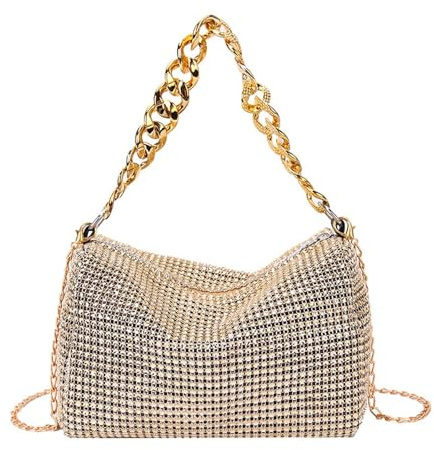 VPB Damen-Clutch mit Kette, goldfarbene Clutch, Abendtasche, stilvolle goldfarbene Handtasche für Partys, Hochzeitshandtasche, glänzende Kette, Schultertasche für gesellschaftliche Veranstaltungen für