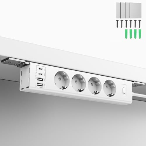 360° Montable Regleta para Montaje en Pared y Bajo Mesa, 4000W, 4 Tomas + 4 USB (2x USB-C PD20W + 2x USB-A), Protección Contra Sobrecargas, Cable Invisible, 2m para Escritorio, Cocina, Oficina, Taller