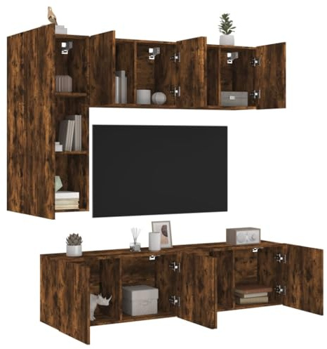 Ziaphsol 5-TLG. Wohnwand Räuchereiche Holzwerkstoff, Wandmontage TV-Schrank Set, Stauraum für Wohnzimmer, Medien & Bücher, Robust, Modern
